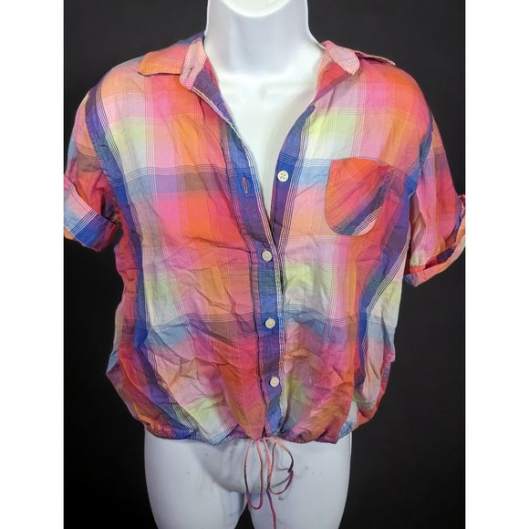American Eagle Outfitters Rainbow Plaid Cropped Blouse - Picture 1 of 9
